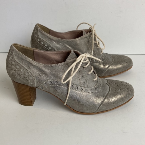 SUNDANCE Lucette Italian Leather Silver Oxford Lace-up Heels 38 Academia Preppy - Picture 3 of 14